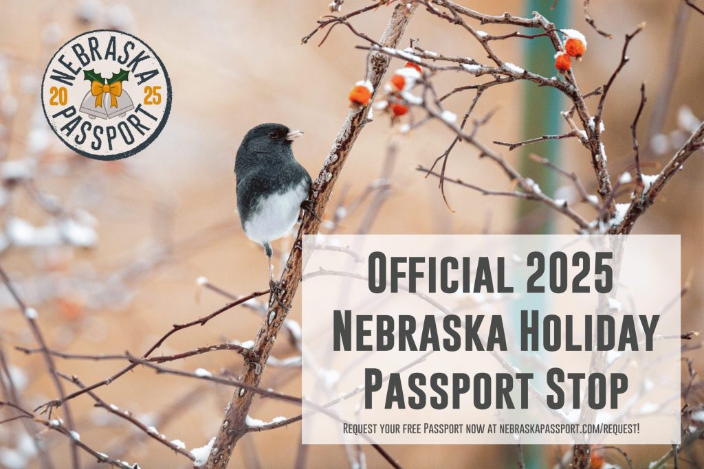 A dark-eyed junco perched on a branch with snowy background, featuring a graphic announcing Wool & Whimsy as an official 2025 Nebraska Holiday Passport Stop.